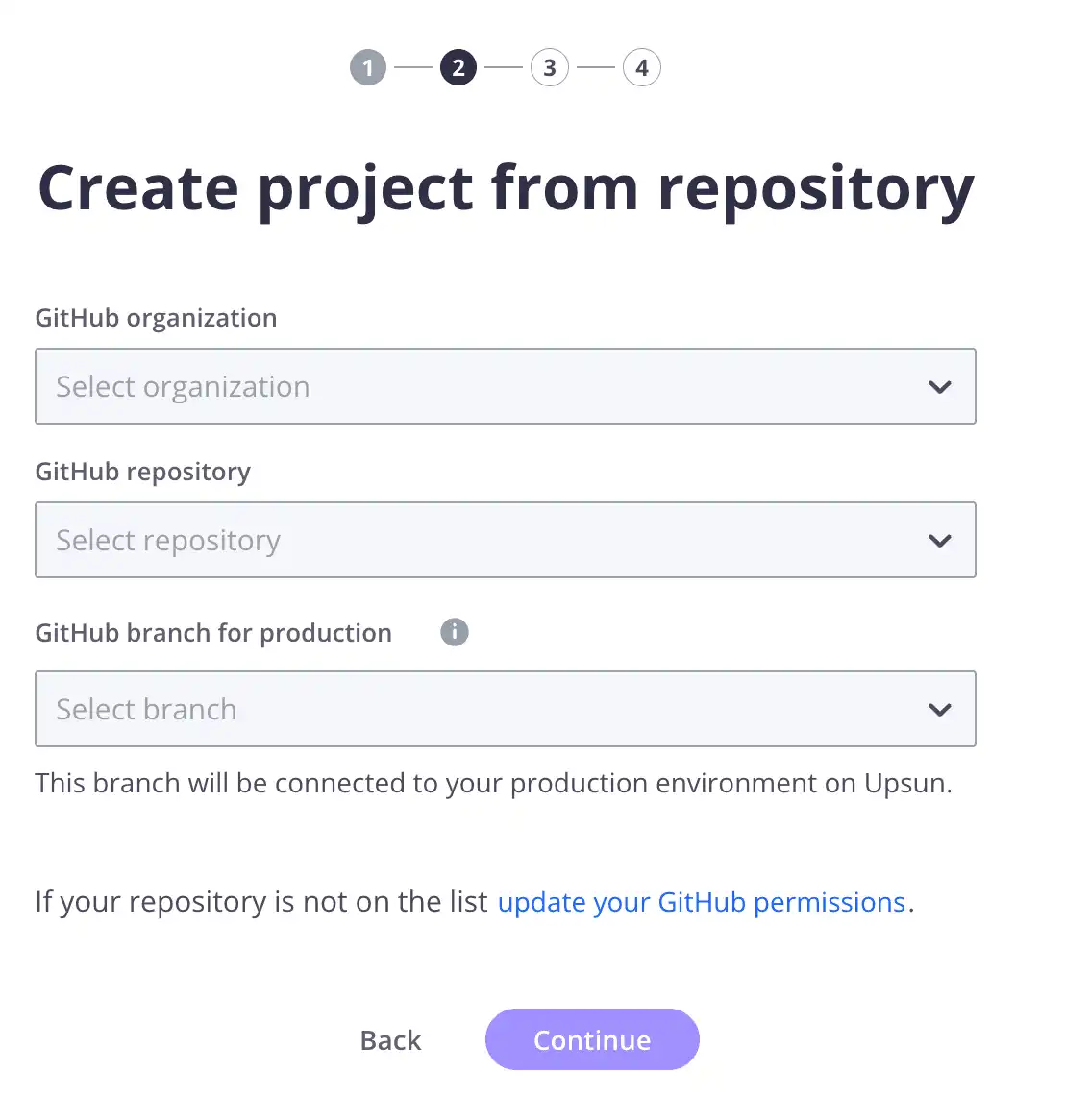 A screenshot of the fields provided when you select to create a project from a repository on Upsun