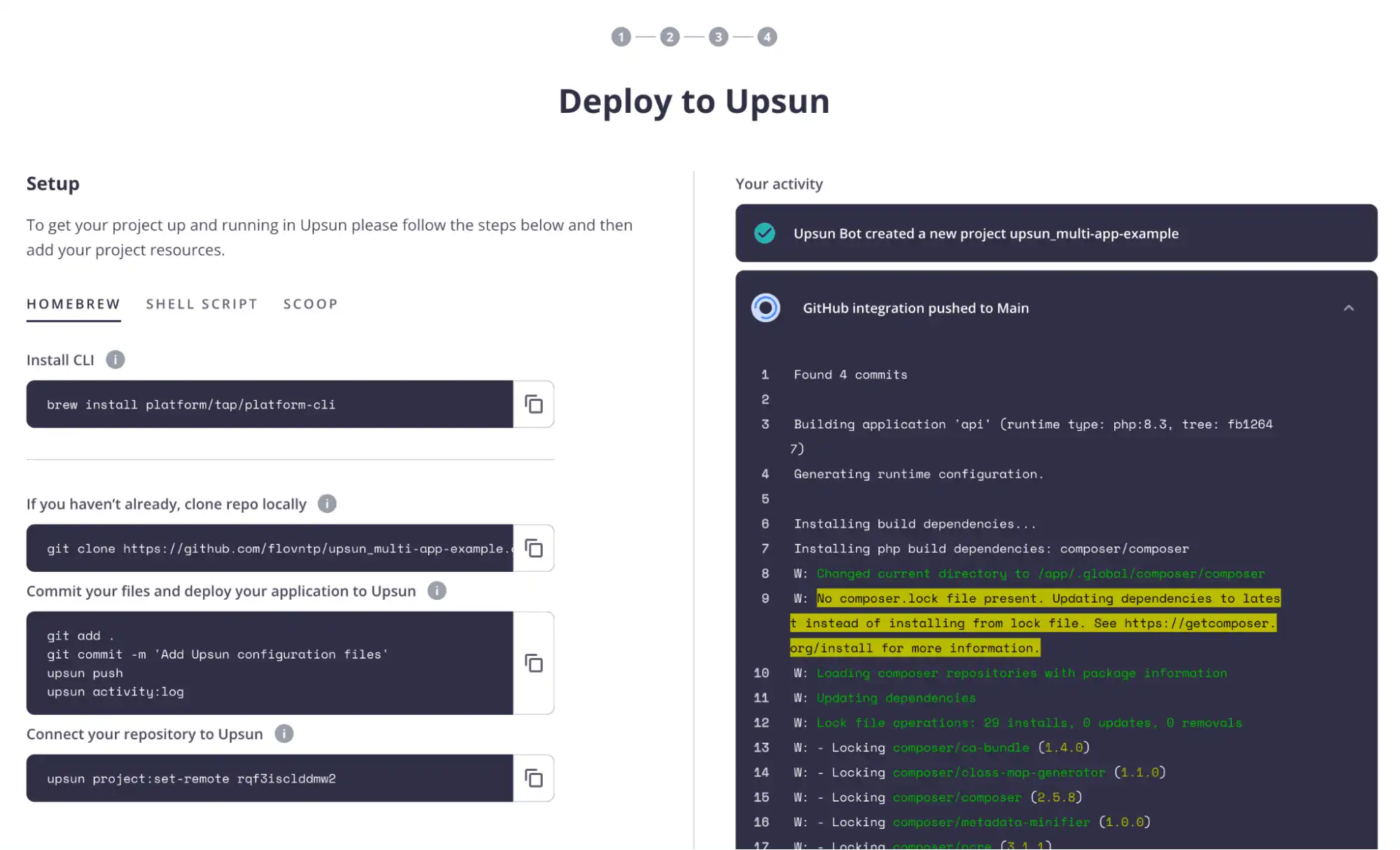 A screenshot of the project creation completion page on Upsun
