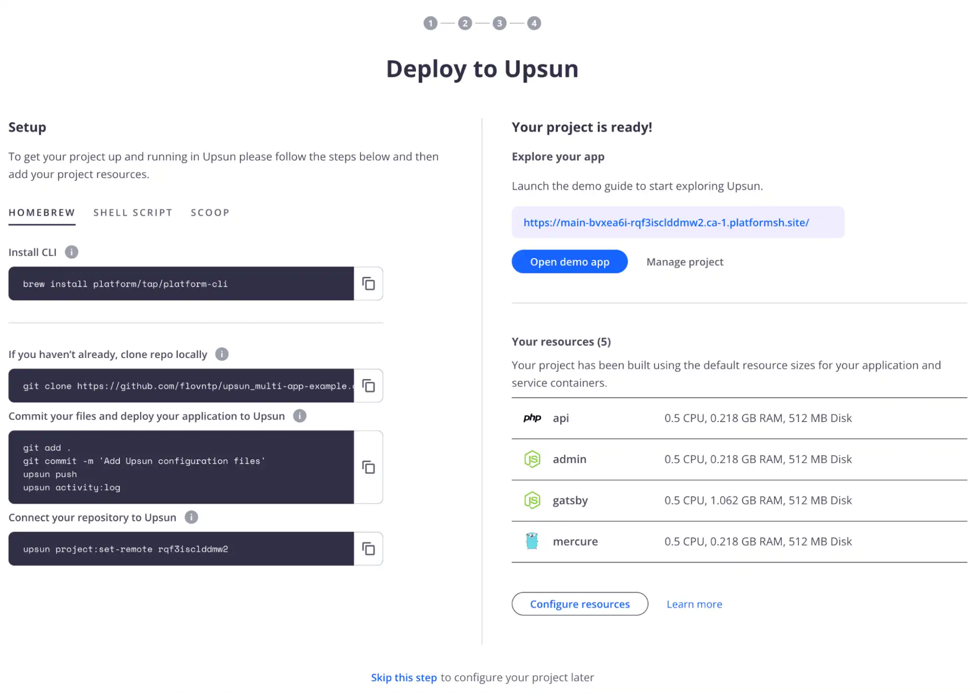 A screenshot of an example of the application information Upsun users receive once deployment of their project is complete