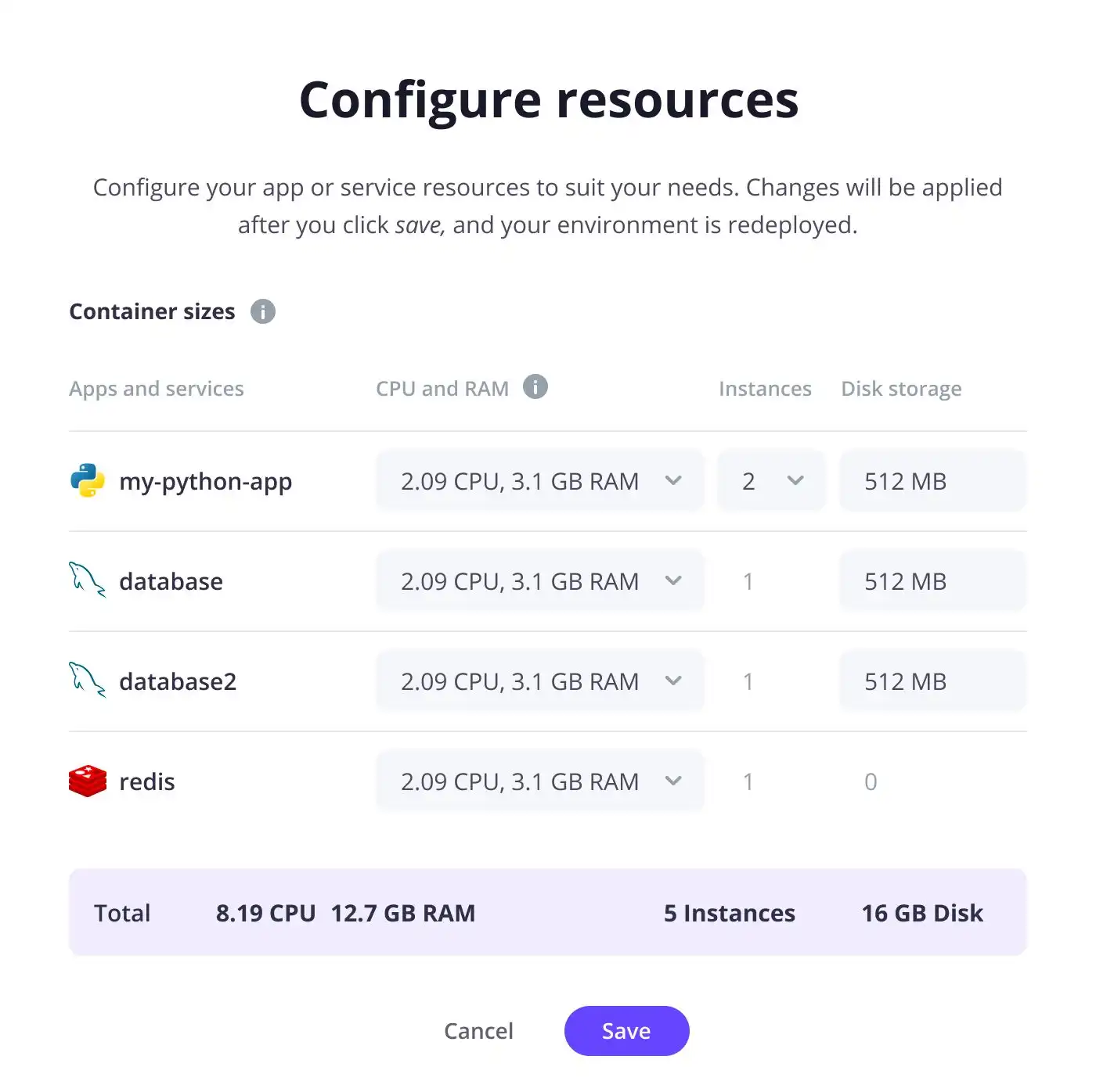 Container size settings options on the Configure Resources screen